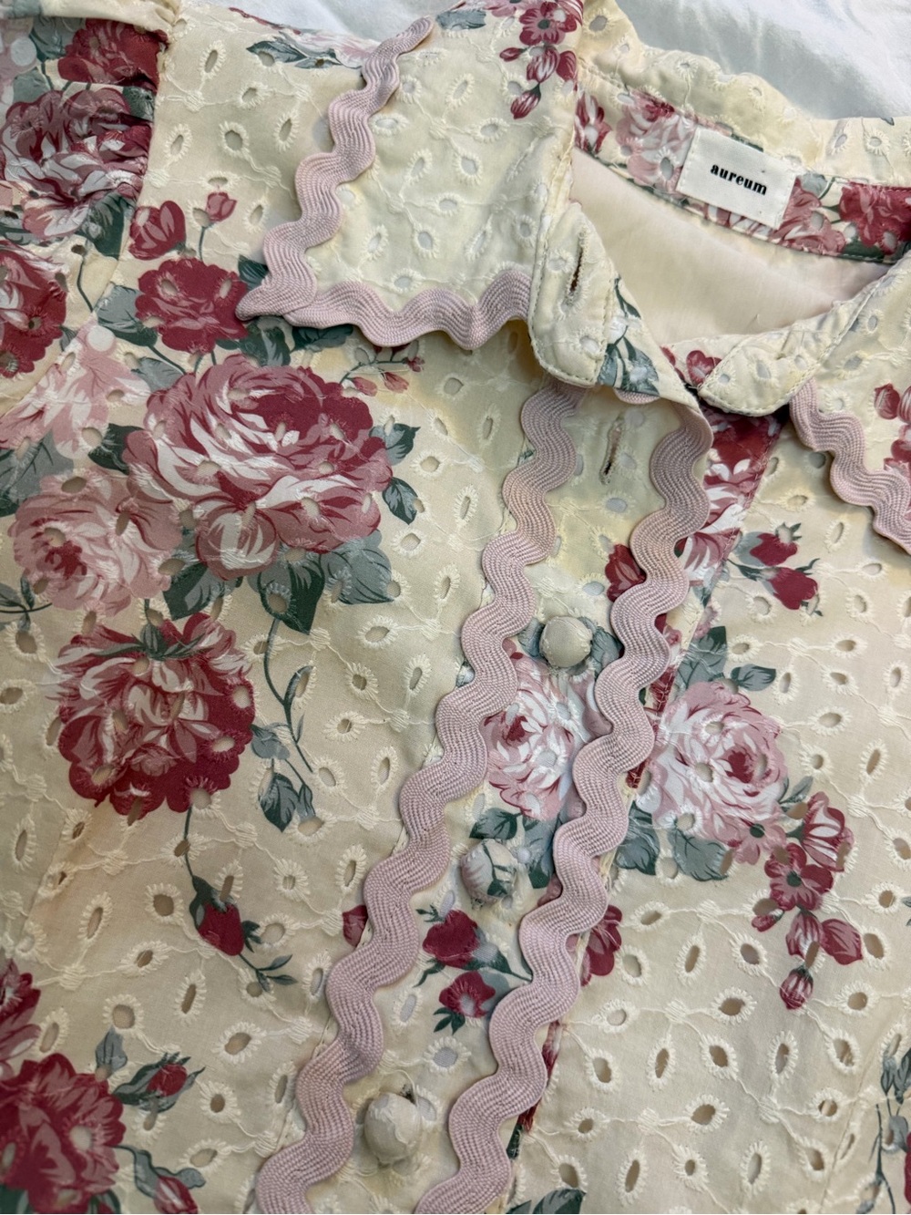AUREUM Cream Eyelet Mini Dress with Pink Rose Print - Picture 5 of 8